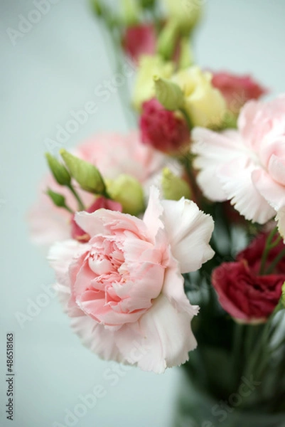 Fototapeta Bouquet with pink carnations and eustoma