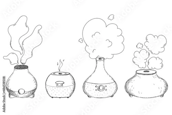 Fototapeta sketch air purifier, humidifiers set. hand drawing design appliances, aroma diffuser