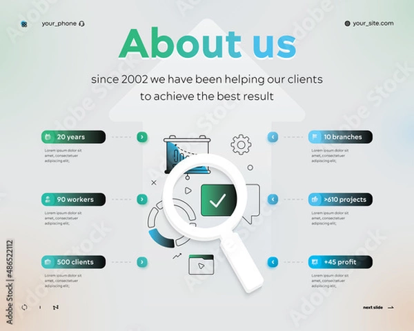 Obraz Slide about us, about company. Thin line and volume element design using infographics and icons. Six stages. Used for presentations, banner, flowchart. Flat vector business infographic template. EPS10