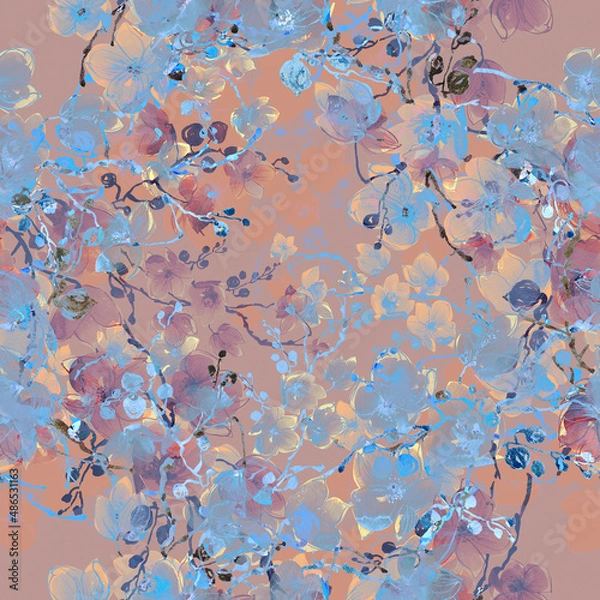 Fototapeta Abstract seamless floral print drawn exotic flowering branches