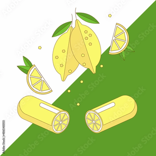 Fototapeta Lemons and vitamin C capsules illustration isolated on white background
