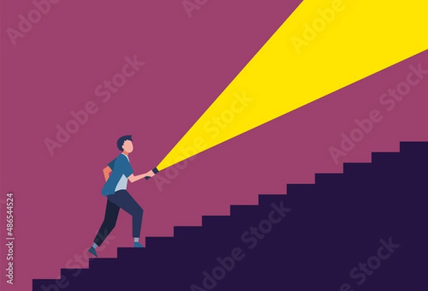 Fototapeta 懐中電灯で照らしながら階段を上る男性　人物フラットイラスト　背景　ポスター
