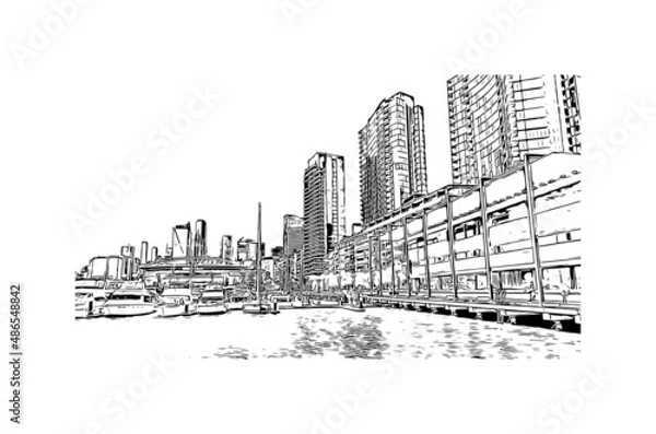 Fototapeta Building view with landmark of Melbourne is the 
city in Australia. Hand drawn sketch illustration in vector.
