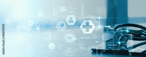 Obraz Close up of a stethoscope and digital tablet with virtual electronic medical record of patient on interface.Digital healthcare and network on modern virtual screen, DNA medical technology.