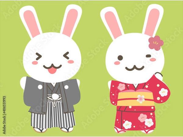 Fototapeta 晴れ着を着たウサギのイラスト