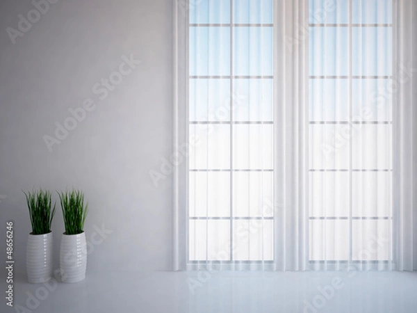 Fototapeta white empty interior with grass and curtains