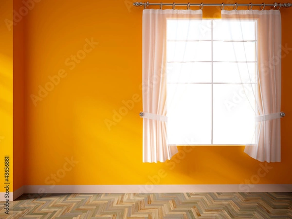 Fototapeta empty interior with an orange wall and curtains