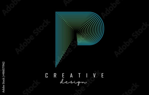Fototapeta Letter P logo with colorful gradient lines. Vector illustration with geometric typography.