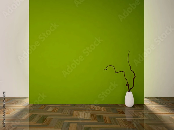 Fototapeta empty interior with a green wall and a white vase with branch