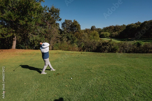 Fototapeta Male golfer playing and swinging on green grass.