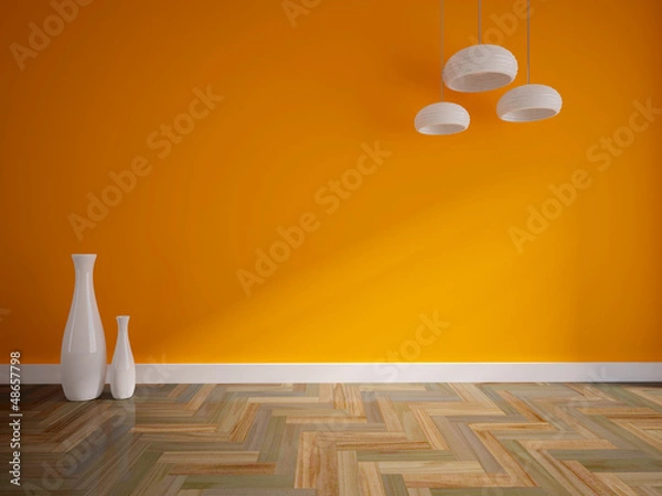 Fototapeta empty room with a orange wall and white vases