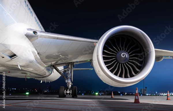 Fototapeta airliner wing equipped with a powerful engine at night 