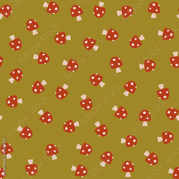 Fototapeta Seamless pattern with little amanita on green background