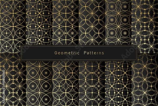 Obraz Vector set of 12 golden graphic line geometric seamless patterns on black background; Sacred geometry and dot work motifs; Minimalist style.