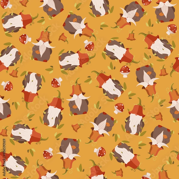 Fototapeta Seamless pattern with gnomes and flowers on yellow background