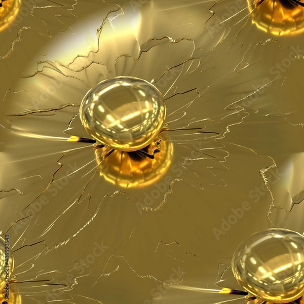 Fototapeta Gold seamless abstraction with a transparent ball. A golden drop of liquid gold on a golden texture. 3D image.
