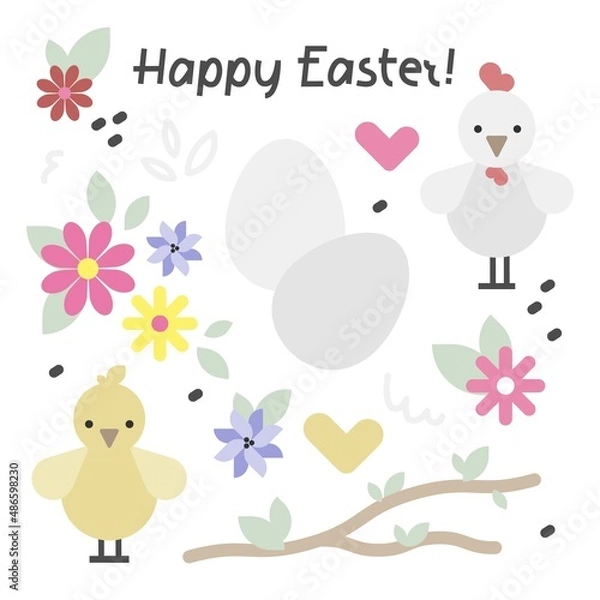 Obraz Vector easter set with cute illustrations and lettering text, hen, chicken, eggs and flowers.