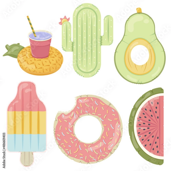 Fototapeta A set of inflatable mattress icons in various shapes for pool parties, beach holidays and hotel vacations. Vector illustration