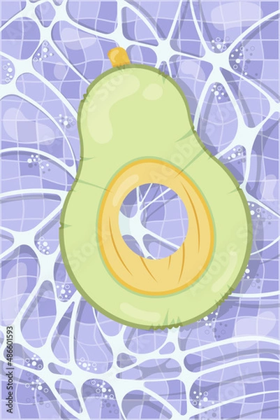 Fototapeta Inflatable mattress in the shape of an avocado in the pool, pool party, beach vacation, hotel vacation with inflatable toys. Vector illustration