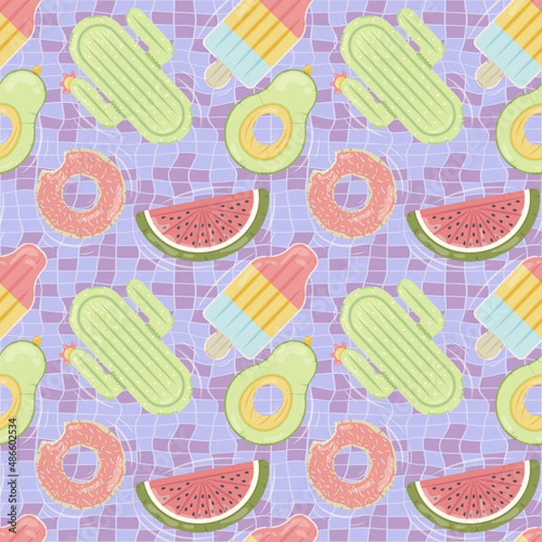 Fototapeta Seamless pattern with inflatable mattresses in various shapes for pool party, fabric background and banner. Vector illustration