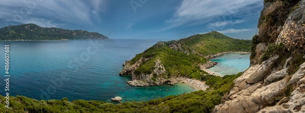 Fototapeta Beautiful summertime panoramic seascape of Porto Timoni. Afionas region. Corfu Greece