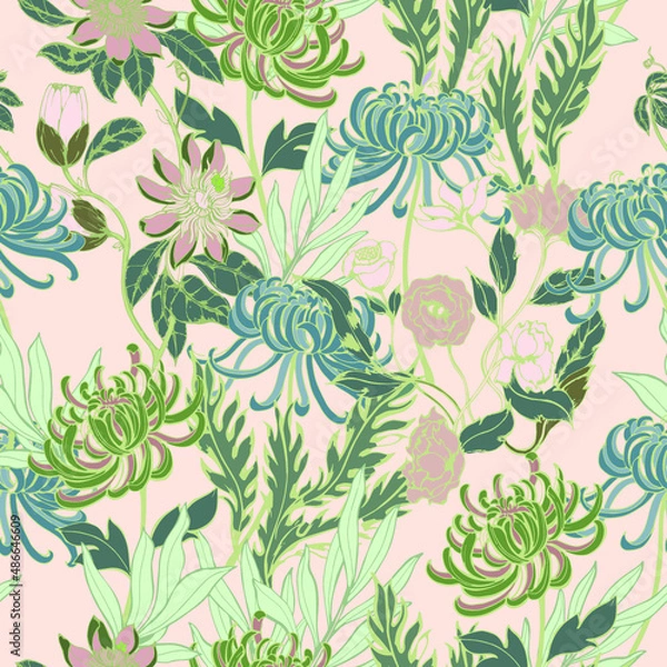 Fototapeta Beautiful seamless pattern with floral background, vector 