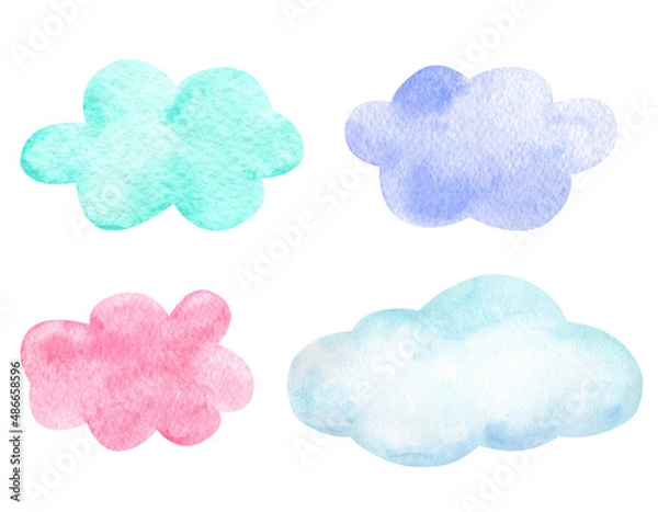 Obraz Cute cloud watercolor set. Illustration isolated on white background for your design: textile, fabric, postcard, invitation.