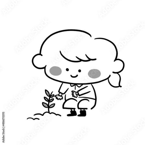 Fototapeta 木を植える女性の手描きイラスト素材　モノクロ