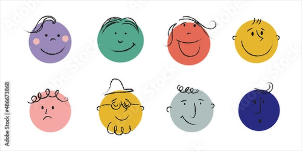 Fototapeta Crayon drawing style. Round abstract comic Faces with various Emotions. Different colorful characters. Cartoon style. Flat design. Hand drawn trendy Vector illustration. Good for kids.