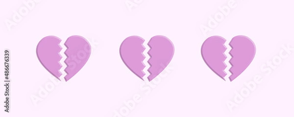 Fototapeta Banner of three broken drawn pink hearts on a lilac background