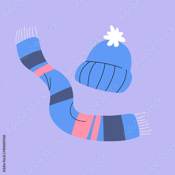 Fototapeta Isolated illustration of a hat with a pompom and a warm scarf. A simple minimalistic illustration in a flat style.