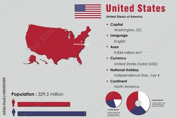 Obraz United States infographic vector illustration complemented with accurate statistical data. United States country information map board and United States flat flag
