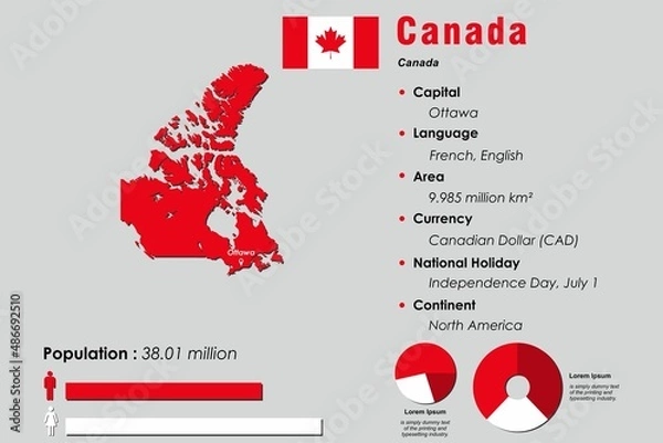 Obraz Canada infographic vector illustration complemented with accurate statistical data. Canada country information map board and Canada flat flag