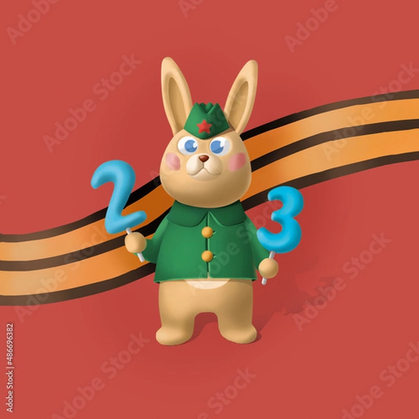 Fototapeta A hare in the form of a soldier with numbers in its paws. Illustration for postcards and more.