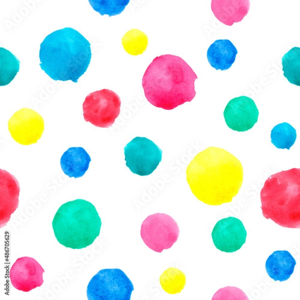 Fototapeta watercolor pattern with colored circles. Background with yellow, red, blue, green balloons in abstract style. For decor and design, printing on paper, packaging, fabric, scrapbooking