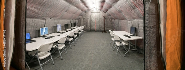 Fototapeta Inflatable frame mobile command post module field camp deployment