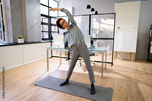 Fototapeta Stretching Office Workout. Desk Stretch Exercise