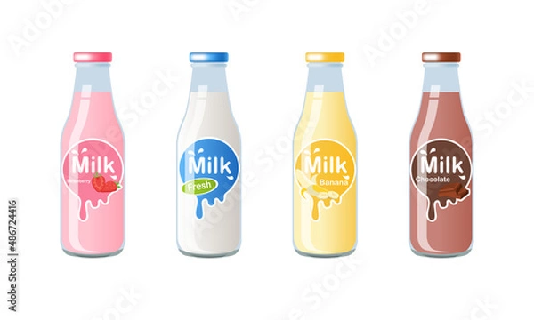 Obraz Milk bottle with strawberry, fresh milk, banana and chocolate milk label template