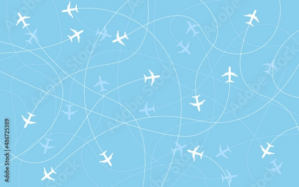 Fototapeta Aircraft background. Vector illustration of airplane destinations seamless background. Planes icon in blue sky. Airline industry and traveling concept.