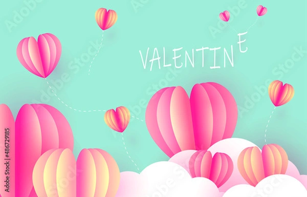Fototapeta Valentine's Day with pink heart love romantic background design for card wallpaper. February 14. Valentine celebrate background. Cute Heart, web banner, template, cover, gradient abstract papercut.