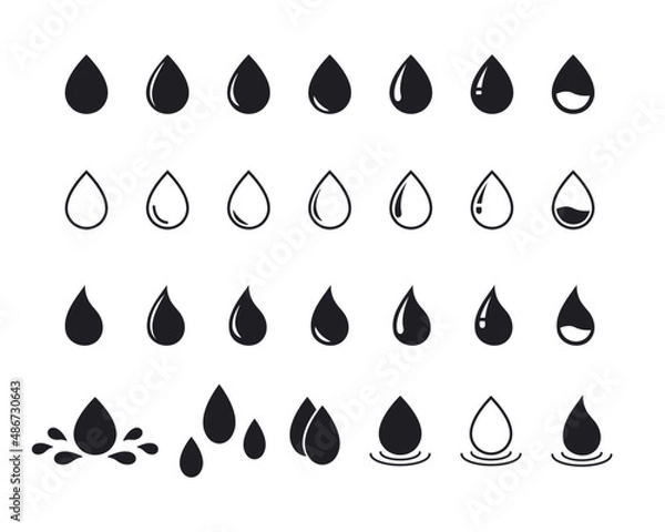 Fototapeta Vector black water drop icon set. Flat droplet shapes collection. Outline drop symbols