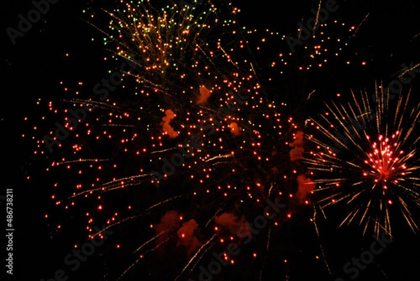 Fototapeta Colorful salute, great explodes in different colors in the night sky, beautifully dissolving in the air.