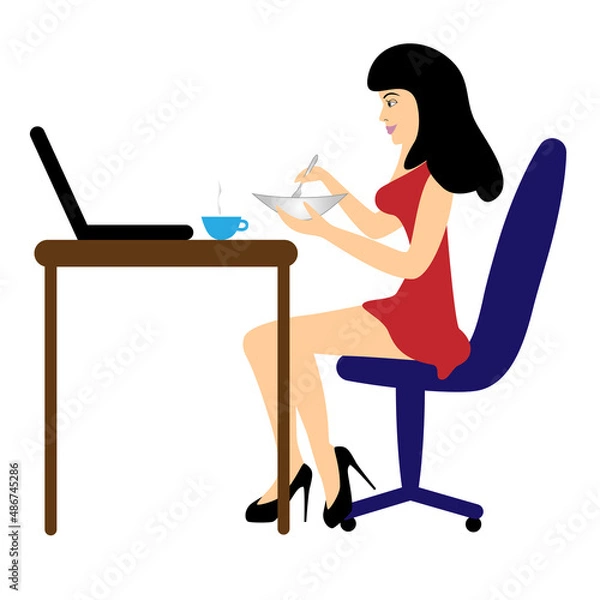 Obraz The girl works and eats.