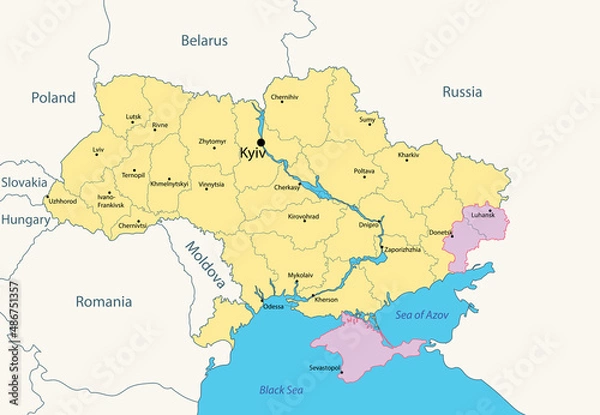 Fototapeta Ukraine, administrative map with occupied territories by Russia - Donbass and Crimea, as of January 2022. Vector illustration