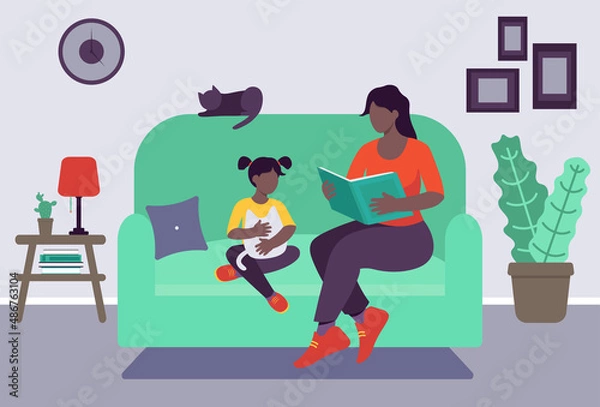 Fototapeta mom is reading to daugther vector illustration in flat style