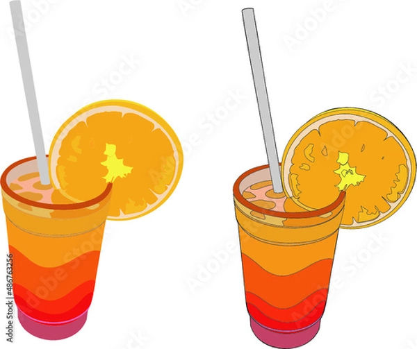 Fototapeta Colored cocktail with straw and lemon, exotic in vector
