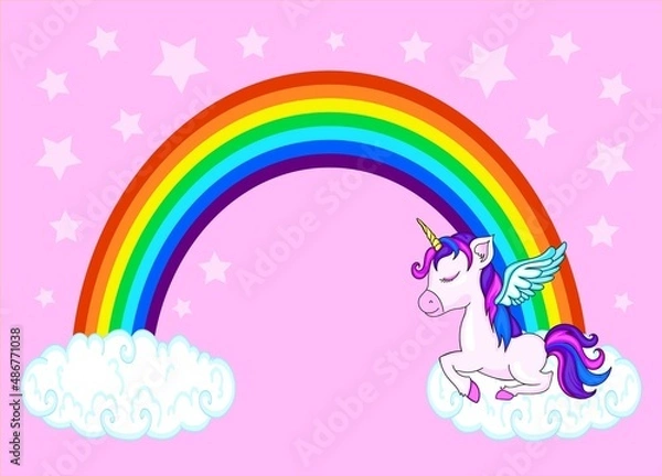 Fototapeta Cute Cartoon Unicorn and rainbow.Beautiful unicorn vector.Cute clouds and rainbow illustration.Print for t-shirt or sticker. Romantic hand drawing.birthday card ..