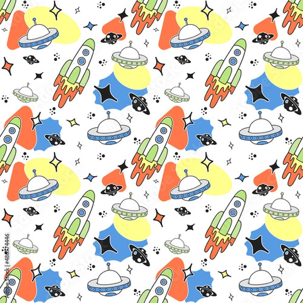 Fototapeta Vector seamless background with cartoon rockets, planets, stars and UFOs.