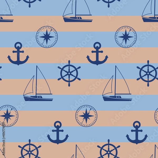 Fototapeta Seamless marine pattern. Sailboat, anchor, compass and steering wheel on a striped background. Color vector illustration flat style.