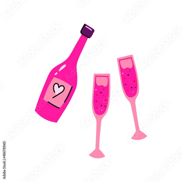 Obraz Hand drawn flat style pink bottle of champagne and two glasses for couple . Illustrations for St. Valentines day